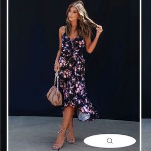 Floral Wrap Midi Dress in Black and Pink